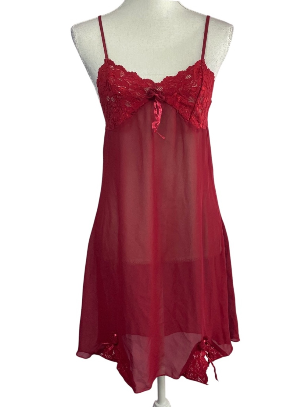 Vintage Lace Mesh Chemise L Slip Dress Burgundy Red Night Floral Babydoll Empire